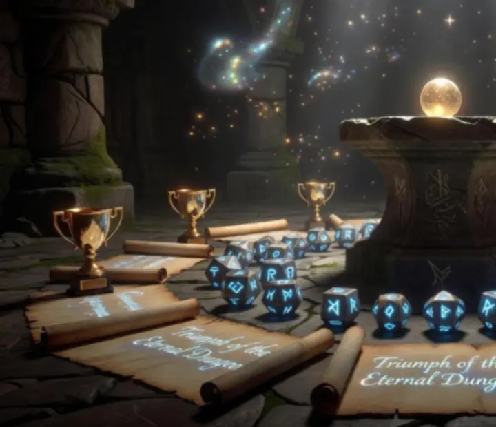 Magiczne kości i runy otoczone świetlistymi symbolami przedstawiające osiągnięcia w Rune Dice