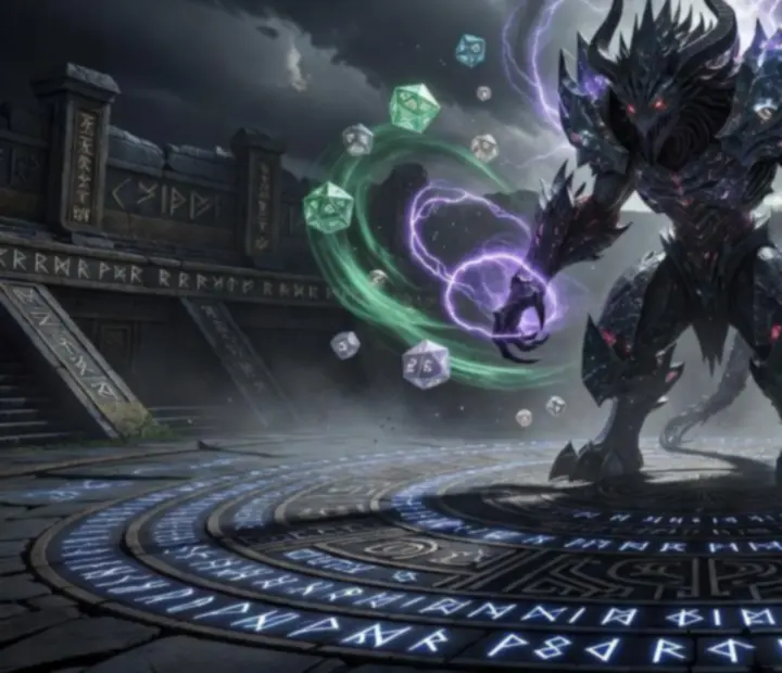 Cinematiczny boss Rune Dice unoszący się nad planszą pełną świecących kości i run