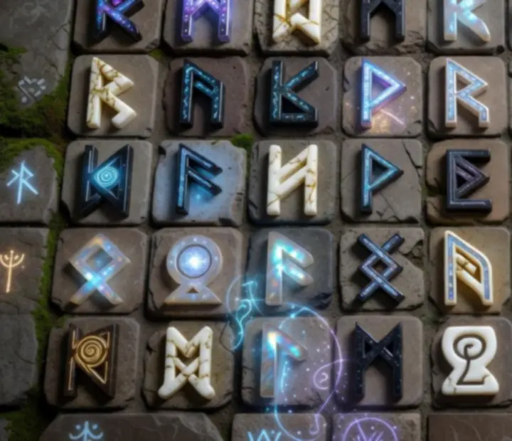 Mistyczna galeria świecących run i starożytnych tabliczek w stylu Rune Dice